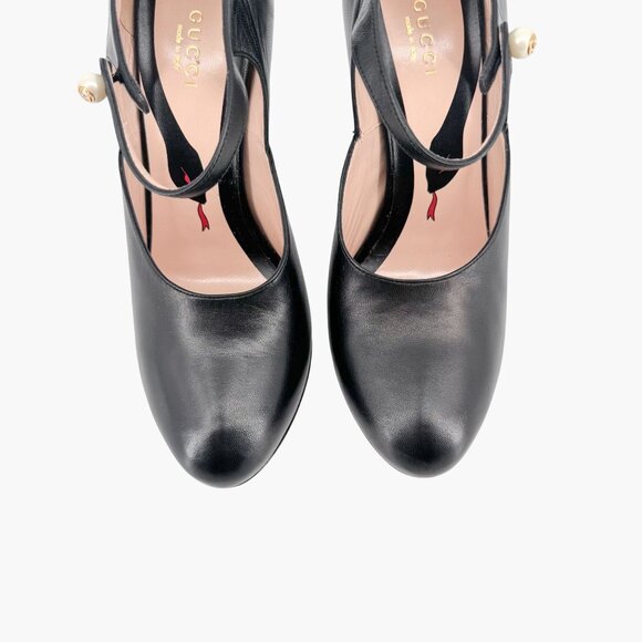 Gucci Lesley Mary Jane Pumps Size 37.5  US 7.5 Black Leather High Heel GG Pearl - Picture 5 of 15